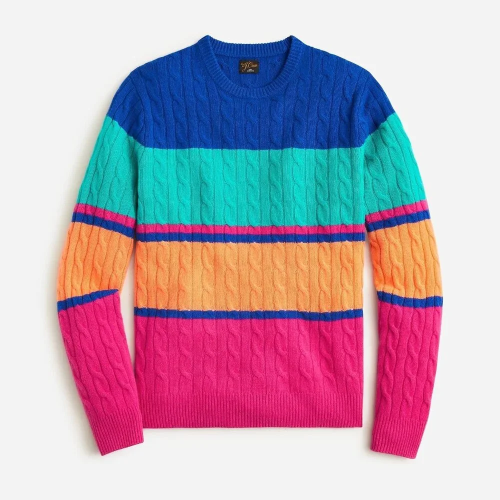 NWT J.Crew Men's Cashmere Cable-knit Sweater in Bright Multi Stripe Pullover XS